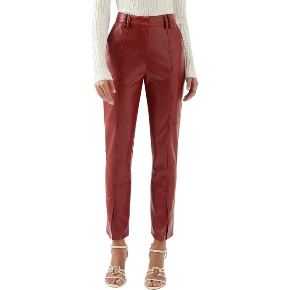 Aje‎ River Vegan Leather Pants High Waist Straight Leg Slit Hem in Maroon Size 6